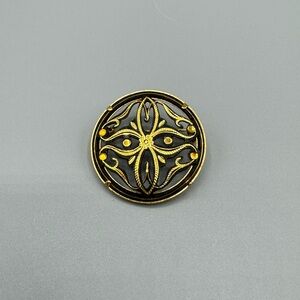Vintage Spanish Damascene‎ Pin Brooch, Ornate Floral Design, Gold & Black